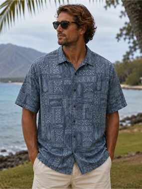 QUIKSILVER Waterman Polynesian Print Short-Sleeved Button-Up Shirt XL Hawaiian
